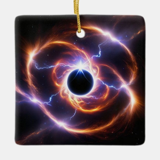 Black Hole with Plasma Flares and Lightening Ceramic Ornament (Front)