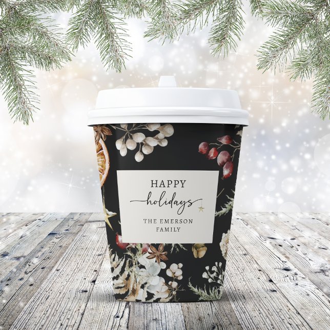 Black Holiday Paper Cups (Boho Rustic Botanical Black Holiday Paper Cups
)