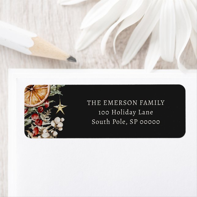 Black Holiday Return Address label (Black Boho Rustic Holiday Return Address label
)
