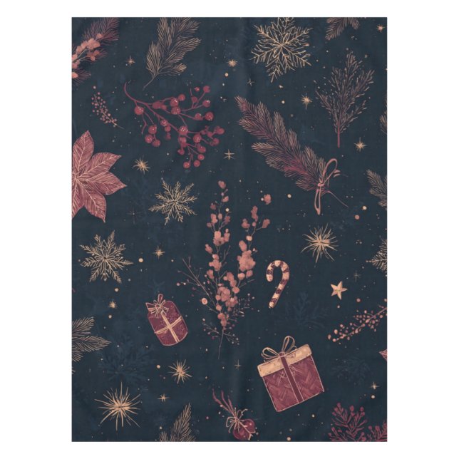 Black Holiday Watercolor Pine Berry Whimsical Tablecloth (Front)