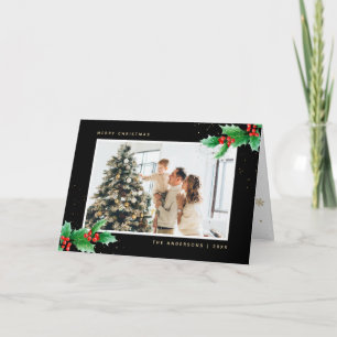 Black Holly Berries Photo Merry Christmas Card