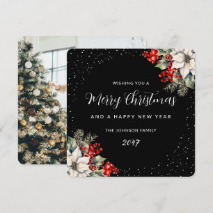 Black Holly Berries Snow Christmas New Year Photo Holiday Card