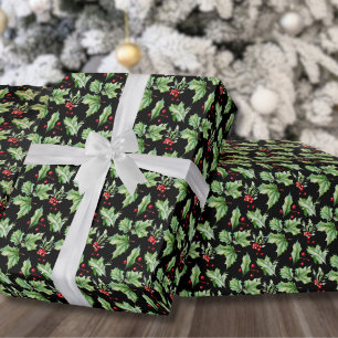 Black Holly Christmas Wrapping Paper