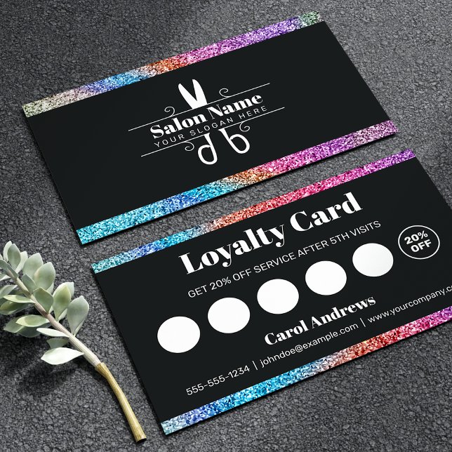 Black & Holographic Glitter Hair Salon Reward Loyalty Card (Creator Uploaded)