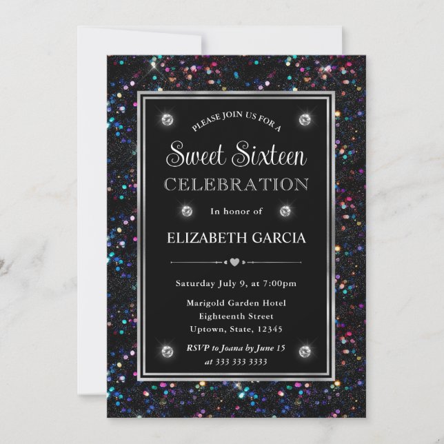 Black Holographic Glitter Pattern Frame Sweet 16 Invitation (Front)