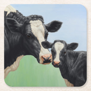 Black Holstein Cow & Cute Calf Square Paper Coaster
