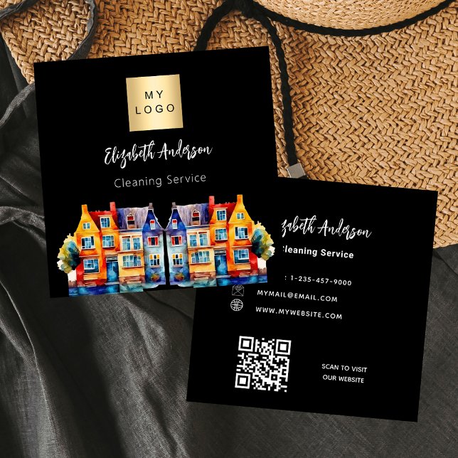 Black home cleaning service QR code Square Business Card (Creator Uploaded)
