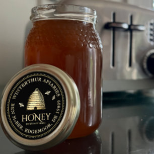 Black Honey Jar Label (Vintage Skep) Dotted Border