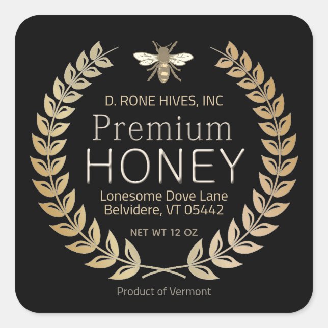 Black Honey Label Heraldic Bee Gold Laurel Wreath (Front)