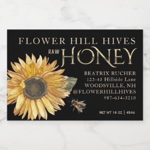 Black Honey Label Sunflower Bee Metallic Gold Text