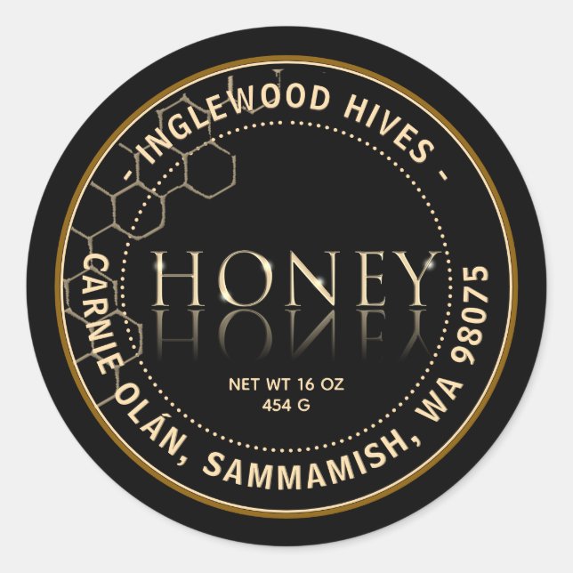 Black Honey Label with Honeycomb Pattern (Front)