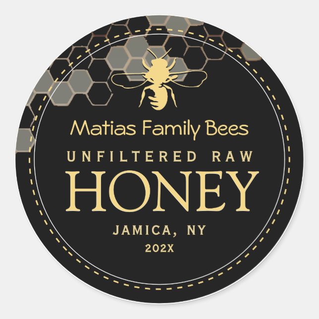 Black Honey Label with Stylised Bee and Honeycomb (Front)