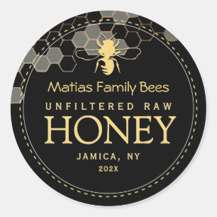 Black Honey Label with Stylized Bee and Honeycomb