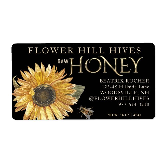 Black Honey Sunflower with Bee Gold on Black  (Front)