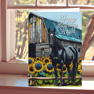 Black Horse and Sunflowers Birthday Personalised Card