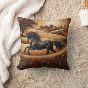 Black Horse at Sunset in Countryside Cushion