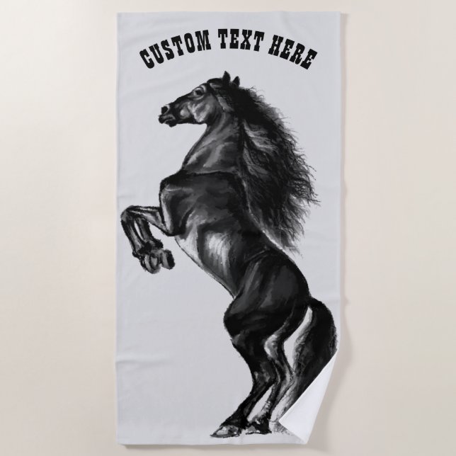 Black Horse Beach Towel with Custom Text (Front)