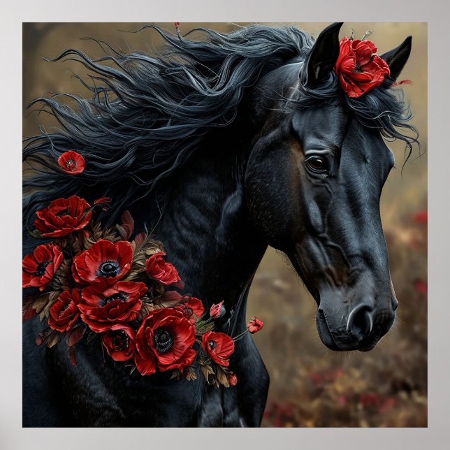 Black Horse Decorated With Vibrant Red Flowers Poster (Front)