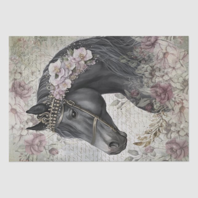 Black Horse Floral Decoupage Tissue Paper (Front)