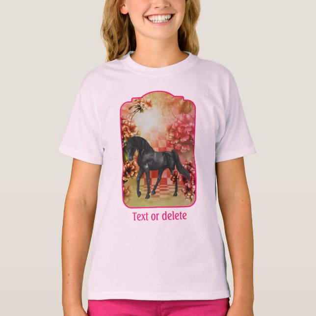 Black Horse Flowers Fantasy Art Personalized T-Shirt (Front)