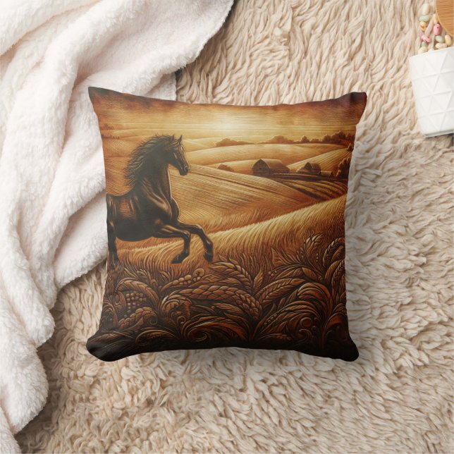 Black Horse Galloping at Sunset Cushion (Blanket)