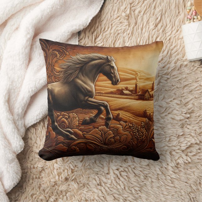 Black Horse Galloping in Golden Fields Cushion (Blanket)
