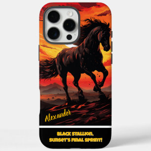 Black horse gallops at fiery sunset iPhone 16 pro max case