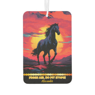 Black horse gallops at sunset by mountains car air freshener