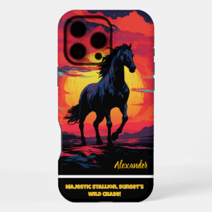 Black horse gallops at sunset by mountains iPhone 16 pro max case
