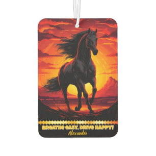 Black horse gallops at sunset car air freshener