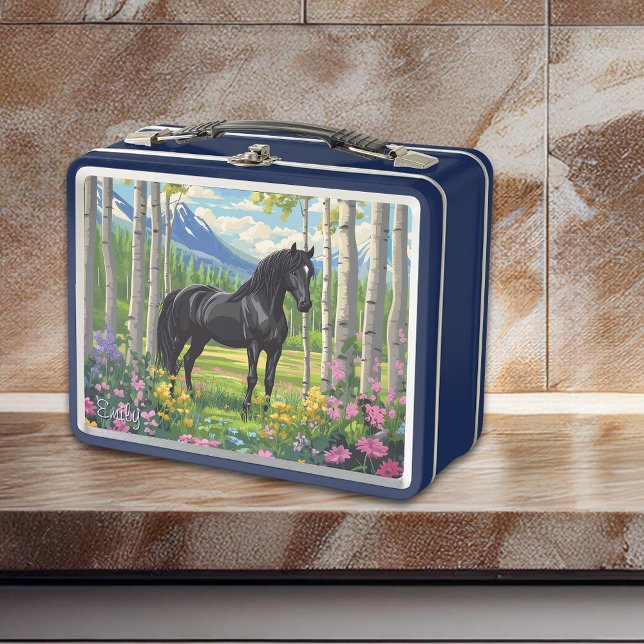 Black Horse Girls Flowers Meadow Pink Blue Fun Metal Lunch Box (Black Horse Girls Flowers Meadow Pink Blue Fun Metal Lunch Box - Personalize front and back.)