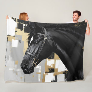 Black Horse Grey, black gold and white- modern Fleece Blanket