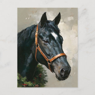 Black Horse Holiday Wreath Red Ribbon Postcard