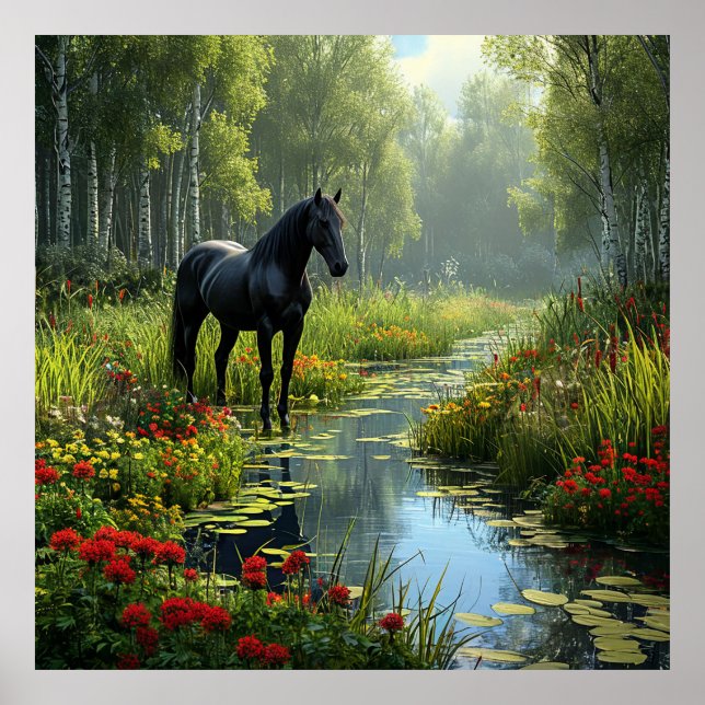 Black Horse in a Lush Forest Clearing Poster (Front)
