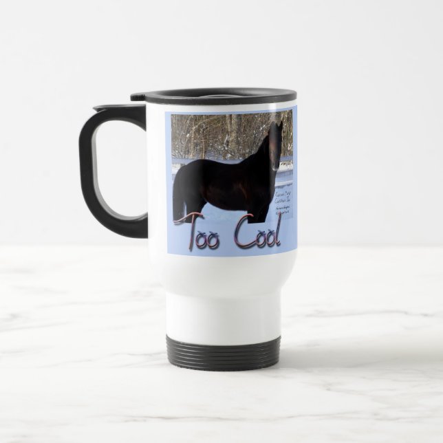 Black Horse in Snow: Too Cool Travel Mug (Left)