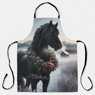 Black horse in the snow with Christmas wreath  Apron