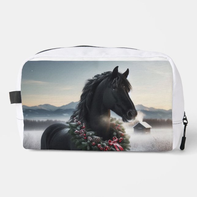 Black horse in the snow with Christmas wreath  Dopp Kit (Front)