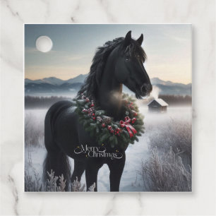 Black horse in the snow with Christmas wreath Favour Tags
