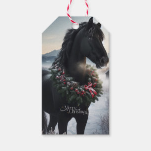 Black horse in the snow with Christmas wreath  Gift Tags