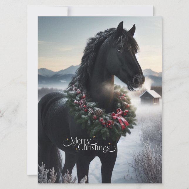 Black horse in the snow with Christmas wreath  Holiday Card (Front)