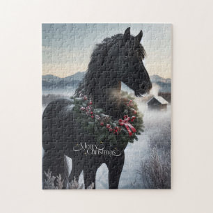 Black horse in the snow with Christmas wreath  Jigsaw Puzzle