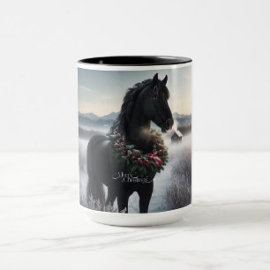 Black horse in the snow with Christmas wreath  Mug