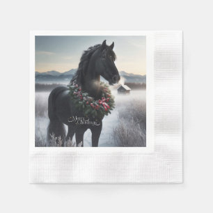 Black horse in the snow with Christmas wreath  Napkin