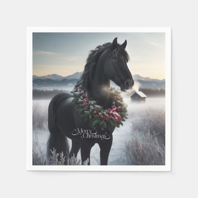 Black horse in the snow with Christmas wreath  Napkin (Front)