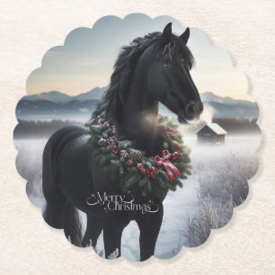 Black horse in the snow with Christmas wreath  Paper Coaster