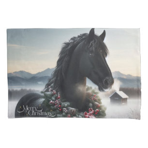 Black horse in the snow with Christmas wreath Pillowcase