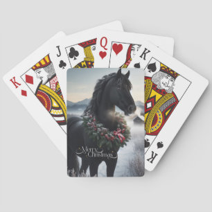 Black horse in the snow with Christmas wreath Playing Cards