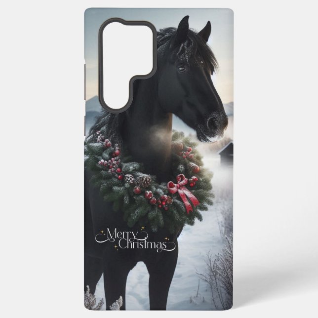 Black horse in the snow with Christmas wreath  Samsung Galaxy S22 Ultra Case (Back)