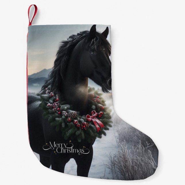 Black horse in the snow with Christmas wreath  Small Christmas Stocking (Front)