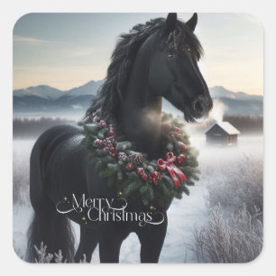 Black horse in the snow with Christmas wreath Square Sticker